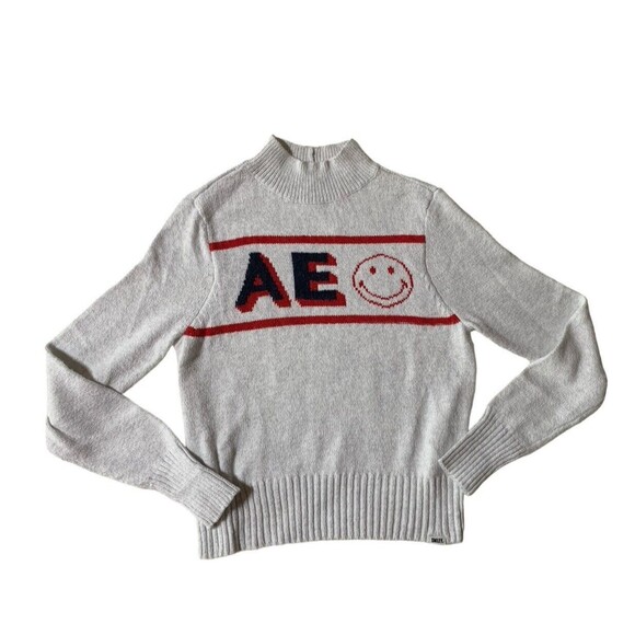 New! American Eagle Smiley  Mockneck Sweater gray Marled Blue Red Logo Women's M - Picture 7 of 15